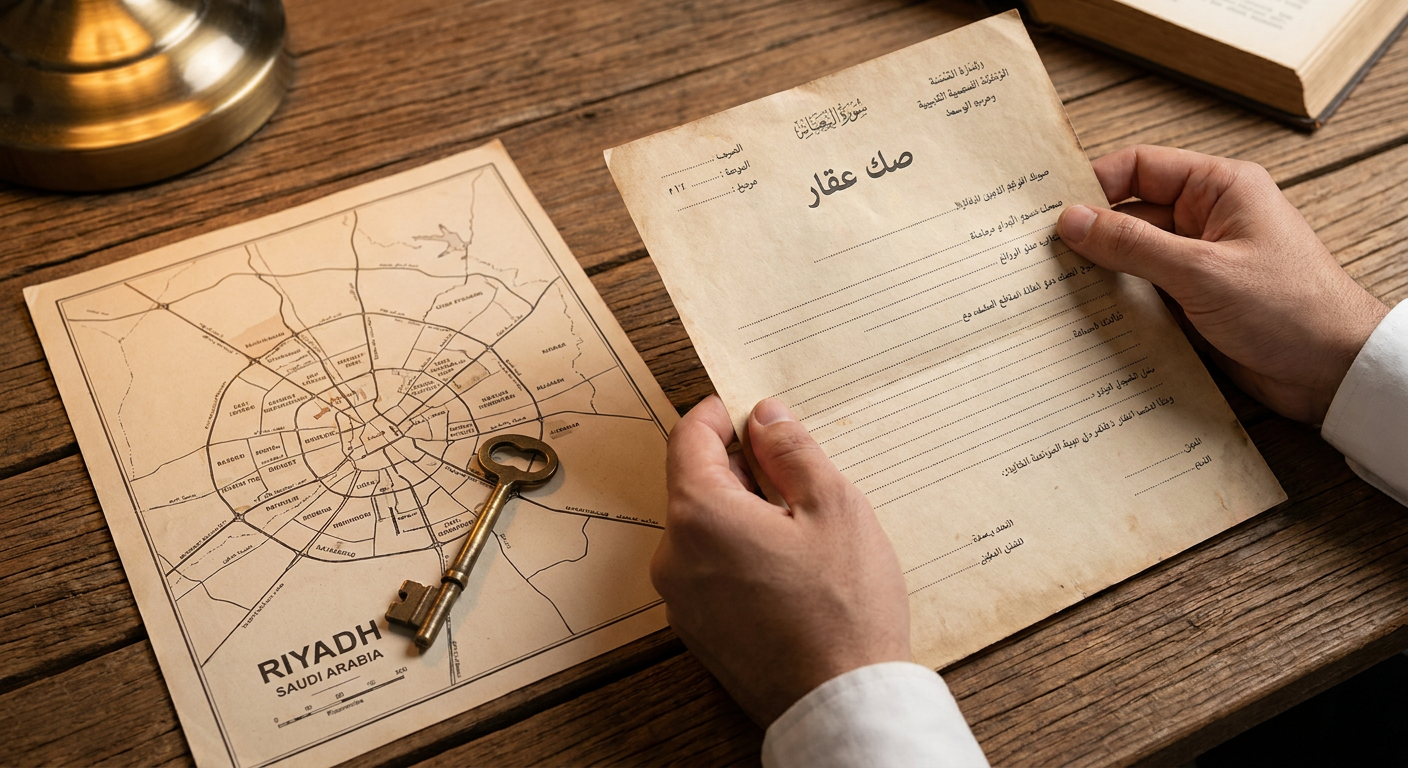 صك عقار ومفتاح على طاولة مكتب يرمزان لإجراءات تملك الأجانب للعقار