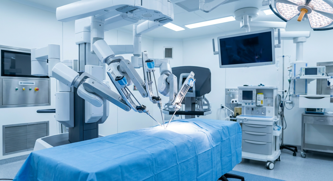 ذراع روبوتية جراحية في غرفة عمليات حديثة مجهزة بتقنيات متقدمة