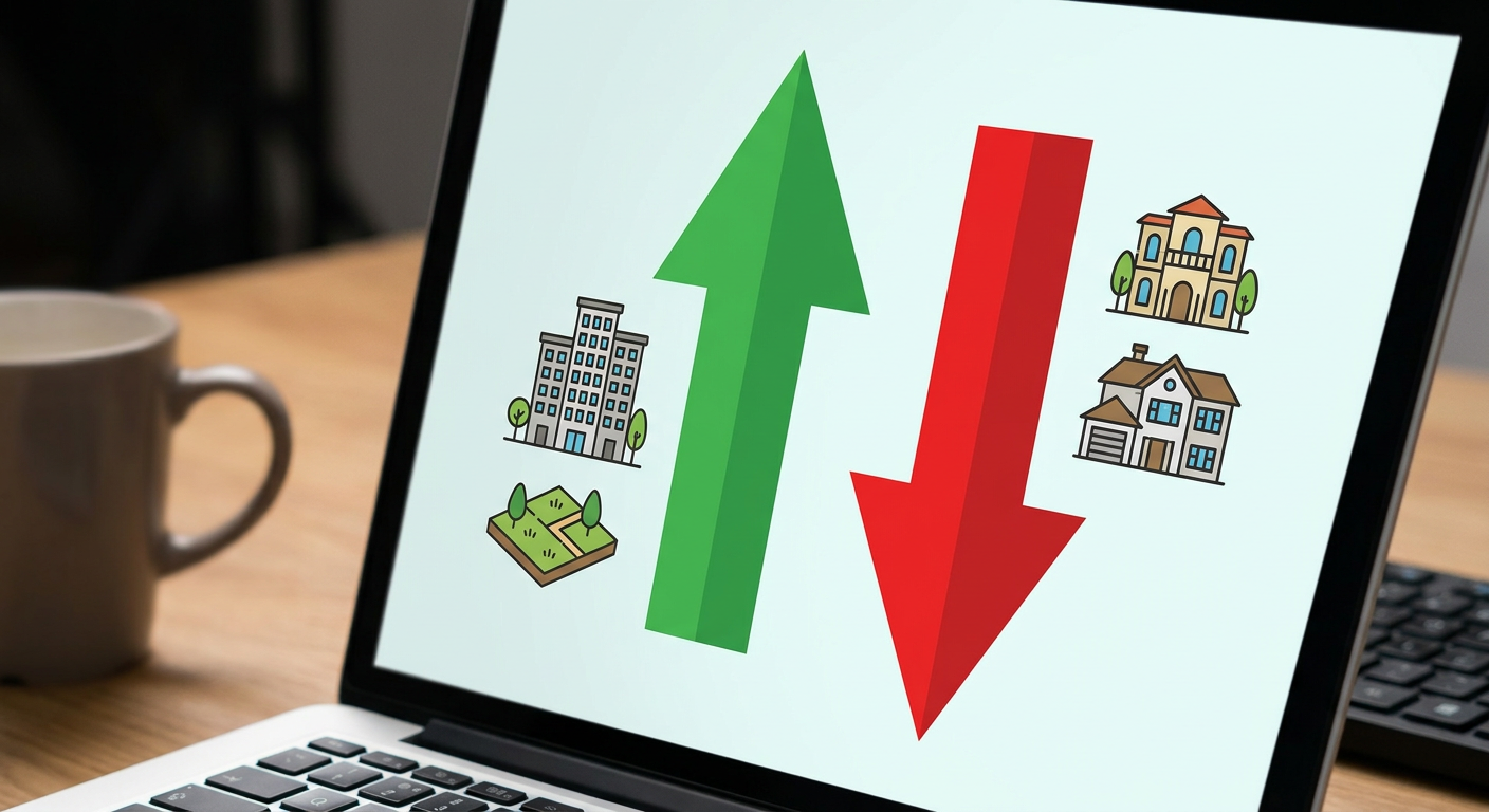 رسم توضيحي يقارن ارتفاع أسعار الأراضي والشقق مقابل تراجع أسعار الفلل