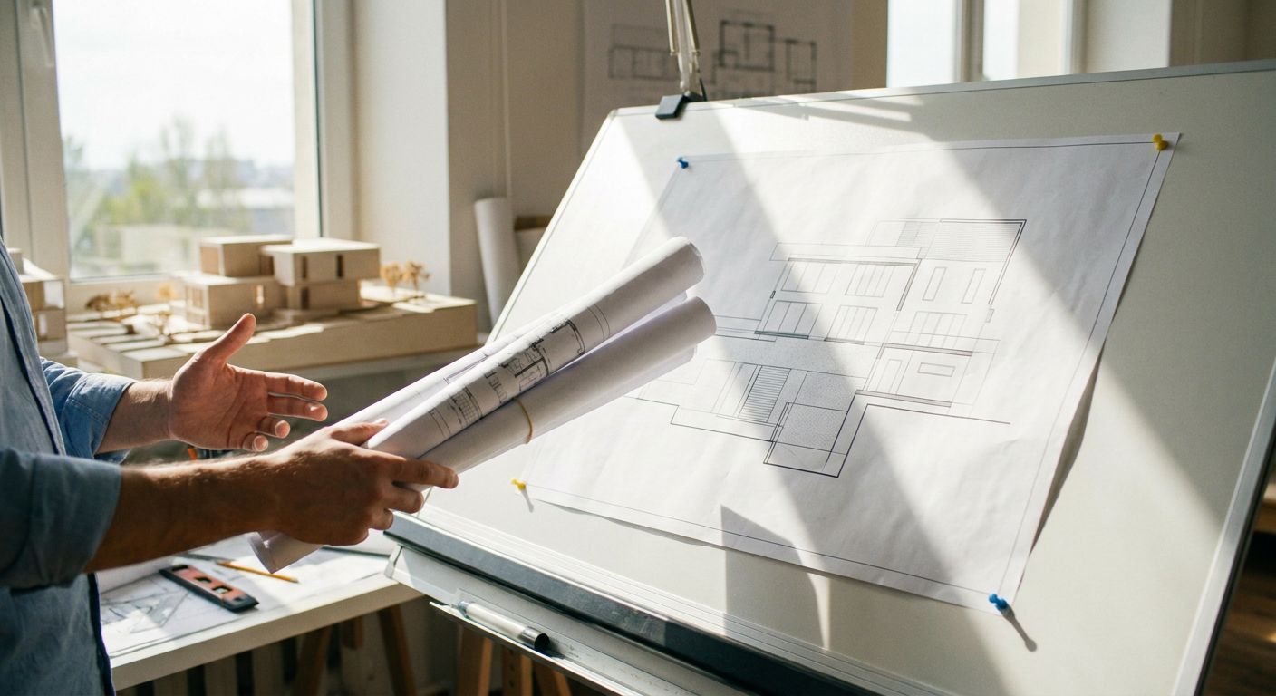 مهندس يراجع مخططات معمارية لمشروع فيلا في مكتب هندسي